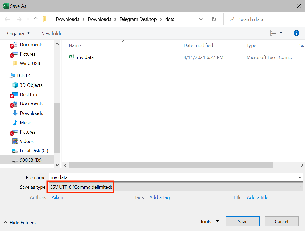 Excel CSV UTF-8 save format screenshot